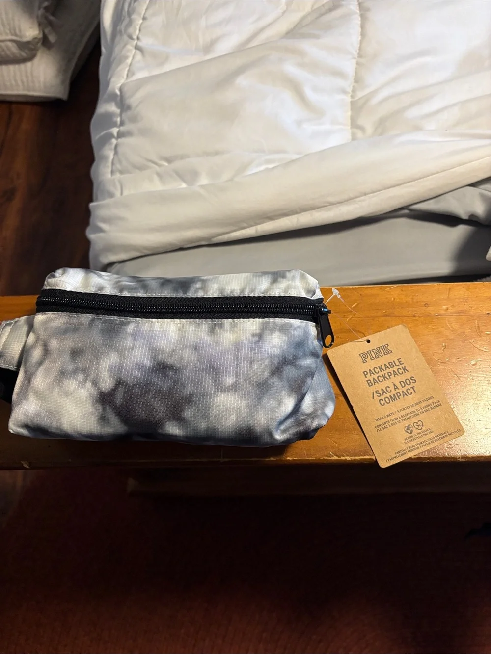 PINK Packable Backpack Pouch - Gray Tie-Dye Print
